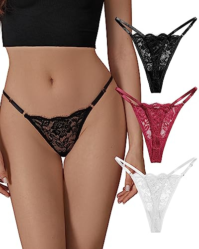 SHARICCA Lace G-String Thongs for Women Comfort Sexy Underwear Breathable T-back Thongs Panties Pack, 3P03,M