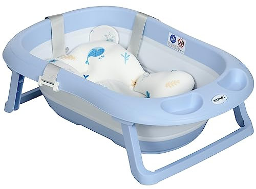ZONEKIZ Vaschetta Bagnetto Pieghevole per Bambini 0-6 Anni con Cuscino e 2 Spazi Portaoggetti Inclusi, 83x48x23.5 cm, Blu e Bianco