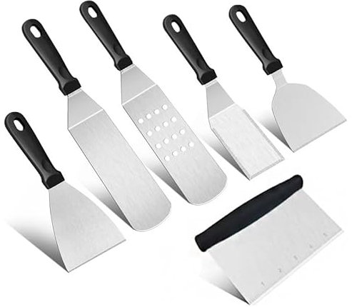Youery 6 Pièces Ensemble Spatule Plancha Accessoires Set, Plaque Chauffante Professionnelle BBQ et Grattoir à Gril Flipper Ustensiles Set, Barbecue Spatule ustensiles Set