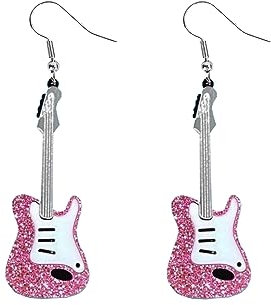 Ticome Acrylic Classical Guitar Earrings,Vintage Rock Band Music Guitar Earrings, Punk Hip-Hop Instrument Acrylic Earrings, Jewelry Gifts for Personalized Music Enthusiasts (Pink)