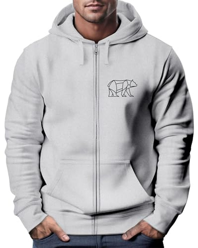 Neverless® Zip-Hoodie Sweatjacke mit Kapuze Wandern Bär Line-Art Print Aufdruck Zipjacke Männer Fashion Streetstyle Grau-Melange XS