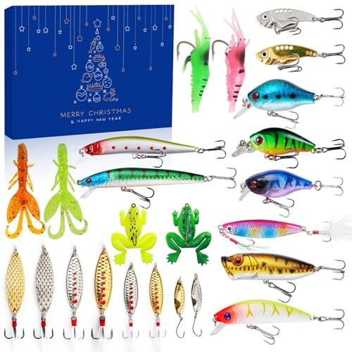 KAREN66 Angler Adventskalender Weihnachten Angelkalender Männer Angel Weihnachtskalender 24 Angeln Köder Set für Fischer Advents Geschenk Kalender