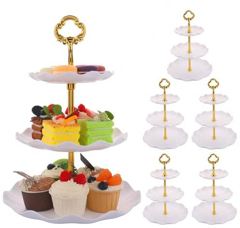 FWEEK Pack of 6 Large Stable 3-Tier Cupcake Stand 30cm Height Plastic Cake Stand Food Round Display for Wedding Birthday Graduation Afternoon Tea Party (Gold, Large)