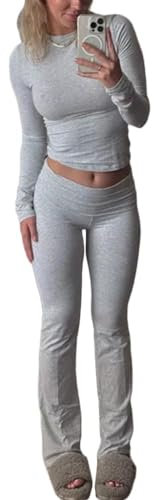 ORANDESIGNE Zweiteiliges Damen-Outfit Y2K Basic Langarm Crop Top und Low Rise Flare Fold Over Pants Set Lounge 2-teiliger Yoga-Trainingsanzug A Grau M