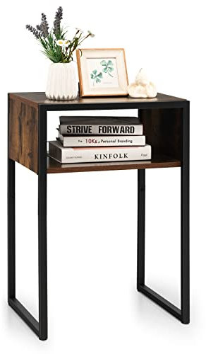 COSTWAY Bedside Table, Industrial Nightstand Sofa Side Table with Open Storage Compartment, Compact Metal Frame Wooden Accent End Table for Small Space, Living Room and Bedroom, 45x35x66cm (1)