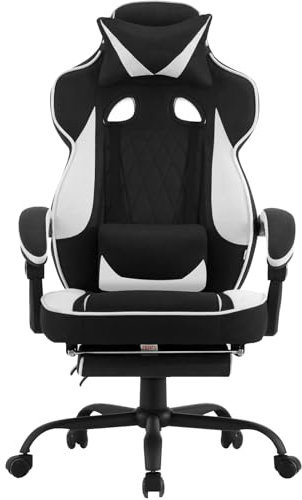 WOLTU Silla Gaming en Tela Transpirable, Ergonómica Silla Gamer con Reposapiés, Sillón Giratorio Videojuegos, Silla Oficina con Asiento Ancho y Cómodo para Personas Grandes, Negro + Blanco