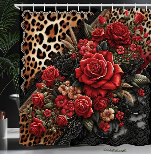ABAKUHAUS Leopardenmuster Duschvorhang, Romantische Rosen Klassische Spitzenmotive Wildes Tierhautmuster, Stoffliches Gewebe mit Haken, 175 x 200 cm, Rot Sand Braun Dunkelgrau