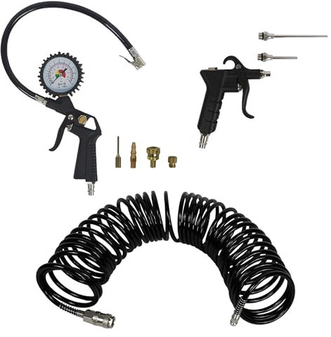 Kit d'accessoires pour compresseur siwitec : tuyau d'air comprimé de 10 m, pistolet à air comprimé avec deux rallonges et testeur de pression des pneus jusqu'à max 12 bar avec quatre adaptateurs