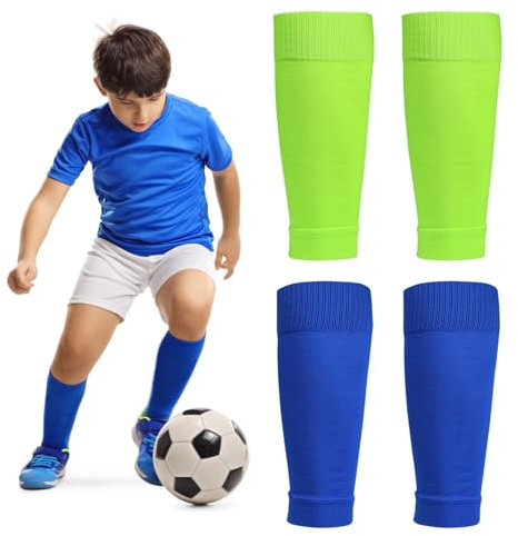 EQLEF Football Sock Sleeves Kids, 2 Pairs Football Leg Sleeve High Elastic Football Sock Wrap Sport Guard Sleeves in Green and Blue for Sports Activities 8-13 Years Old