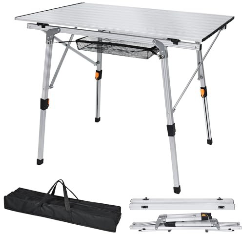 PEILU Table de Camping Pliable en Aluminium 45 à 68cm Hauteur Réglable Tables de Pique-Nique avec Sac de Transport et Pied de Support Antidérapant 90x52cm Table de Buffet pour 4 Personnes (Argent)
