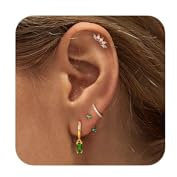 Morfetto 4 Paar 14K Vergoldete Hypoallergene Ohrring-Sets für Damen – Zarte Ohrstecker, Huggie-Creolen, Kleine Hoops und Hängende Knorpelohrringe für Mehrere Piercings14K Gold,Grüner Cz