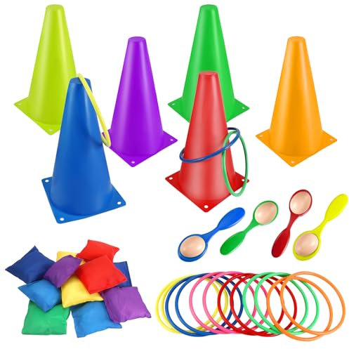 Jeu de Lancer 4 en 1 Ring Toss Jeu Ensemble Sac De Sable Lancer Oeuf Cuillère Balance pour Indoor Outdoor Family d'extérieur Sportives Jardin Party