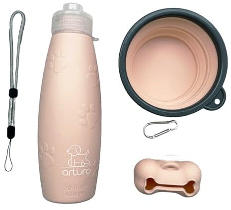Botella 600ml. El tamaño Ideal. Agua Pipi Perros de Silicona A+ Apta también para Bebida. Recupera su Forma. con tapón antigoteo y Accesorios para Perros. Salida Chorro. Rosa.
