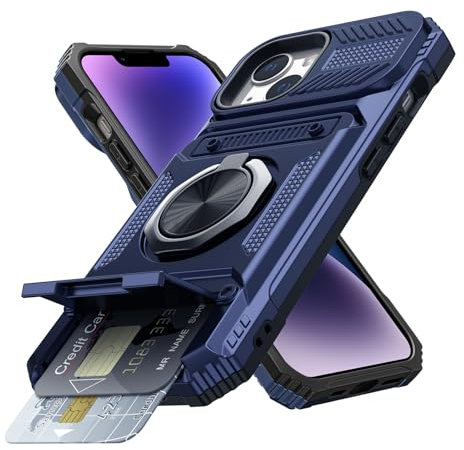 Coolden for iPhone 14 Case with Card Holder [Max 2 Cards] Ring Holder Kickstand Armor Shockproof Military Grade Dual Layer Heavy Duty Protective Case Wallet Case Cover for iPhone 14 Phone Case-Navy