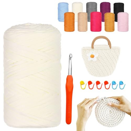 YushengTai Fettuccia, 400G/120M Fettuccia per Uncinetto con Aghi da 9,0 mm 6 Supporti, Filati per Borse Uncinetto Per Borse, Cestini, Coperte, Decorazioni per la Casa(Beige)