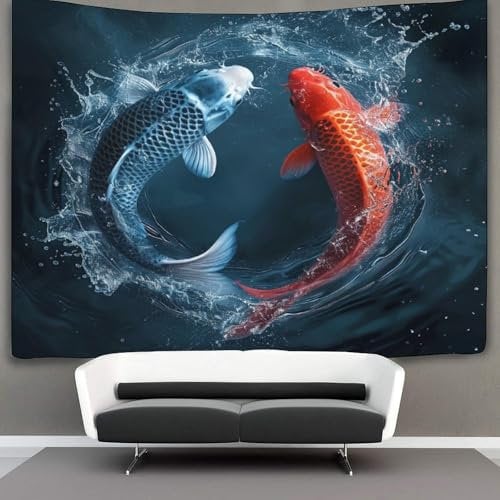 kaiyun Yin Yang Koi Tapisserie, 3D Wasserspritzer Wandbehang Wandtuch Tagesdecke Bettdecke Für Schlafzimmer Wohnzimmer Wohnheim 70cmx100cm