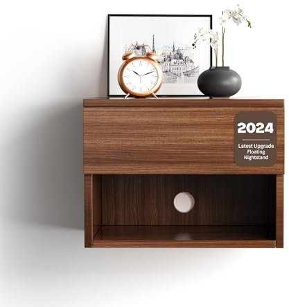 Kiseely Nachttisch hängende, Schwebender Nachtschrank mit Schubladen und viel Stauraum, hölzerner Nachttisch Regal, Beistelltisch Holz moderner Nachttisch für Schlafzimmer (Walnuss EN1, 1 Pack)