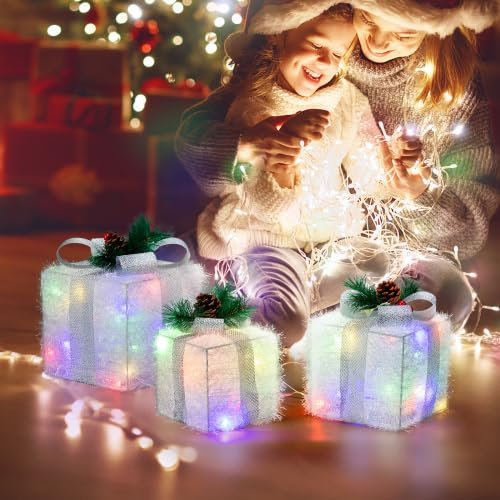 LEADZM Weihnachtsdeko Geschenke - 3er Set - LED geschenkbox Weihnachten-warm weiß beleuchtet - Batterie betrieben - für Christbaumschmuck (Weiß)