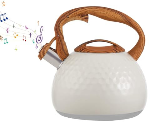 Youyijia 3L Stove Top Kettle Large Capacity Stainless Steel Whistling Camping Kettle with Wood Handle Whistling Kettle for Kitchen Gas Stove Induction Induction Cooker White