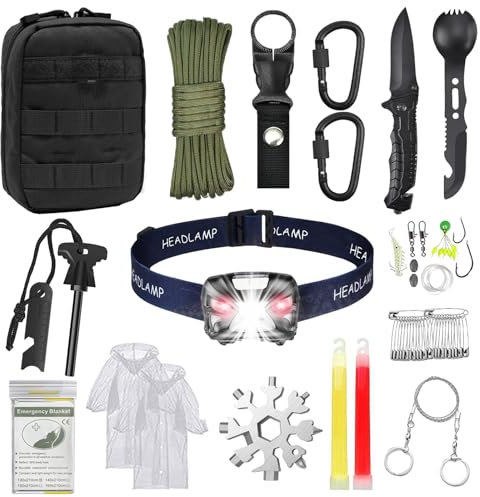 AuRiver Kit de Supervivencia de Emergencia, Kit Supervivencia con Linterna Frontal LED Recargable, Kit de Primeros Auxilios para Viajar Caminar Acampar al Aire Montaña