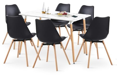 LafeuR Esszimmergruppe Esstisch mit 6 Stühle Essgruppe, 110cm Rechteckig Küchentisch und 6er Set Esszimmerstühle für Küche Esszimmer Wohnzimmer (Marmor Tisch+6 Schwarz Stühlen)