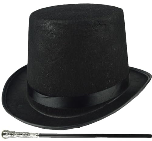 PSFDEWT Top -Hutkostüm 2pcs/Set Halloween Top Hut & 31,5 Zoll Schwarzer Stock 1920er Herrenzubehör für Männer Frauen Magic Performance, Cosplay, Tanz, Weihnachtsbaum