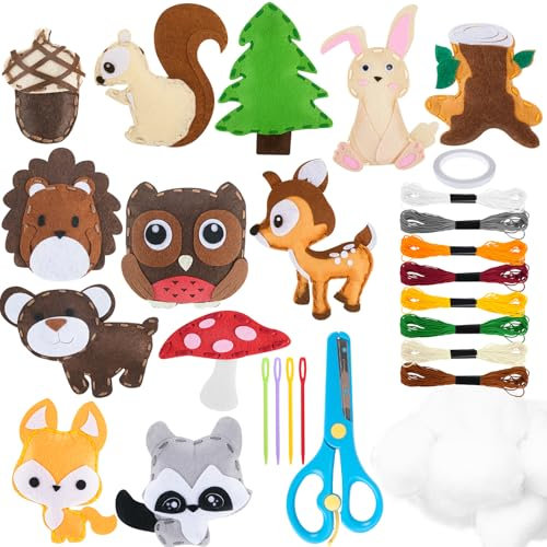 Nähset Kinder ab 6 Jahre, 12 Stück Filztiere Nähen Set für Anfänger, DIY Tierformen Filz Bastelset mit Stickgarn, Nadeln, Füllwatte, Schere Animals Sewing Kit, Kreatives Geschenk für Mädchen & Jungen