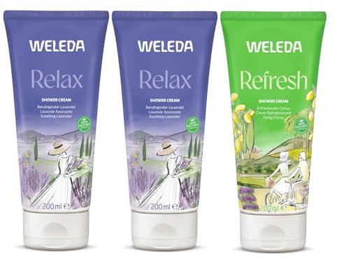 WELEDA - Trio Crème de Douche - Relax Lavande Apaisante X2 + Refresh Citron rafraîchissant X1 - Vegan* - Certifié Natrue ** -Tube 3 * 200ml