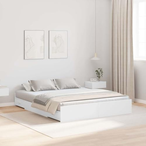vidaXL Bettgestell mit Stauraum Weiß 150 x 200 cm Holzwerkstoff, Schlafzimmer, minimalistisches Design, praktisches Schlafbett für cleveren Stauraum, Moderne Möbel für Raummanagement