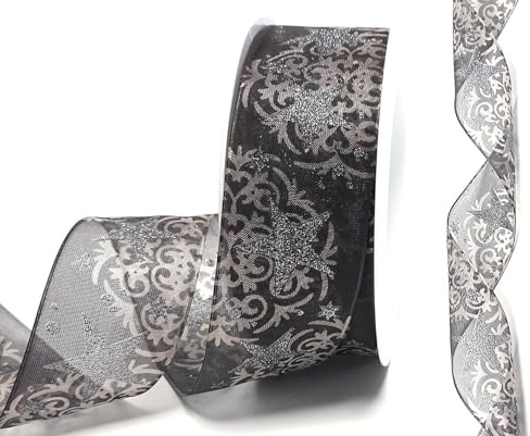 s.dekoda Schleifenband 18m x 40mm Schwarz Beige - Silber Organza Sterne & Ornamente Dekoband Organzaband [D539]