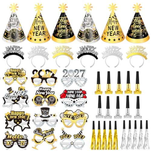 HOWAF Silvester Deko 2027 Schwarzes Gold, Silvester Partyhüte Hüte, Happy New Year Haarreif, Brille, Tröten für Foto Requisiten Neujahr Accessoires, Happy New Year Deko 2027