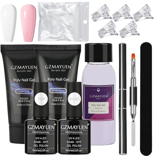 GZMAYUEN Poly Nail Gel Kit, 2 Farben 30ML Rosa, Blanco Nagelset Gelnägel Starterset Gel Nägel Selber Set mit Slip Solution Poly Nägel Set Nail Art Kit Maniküre