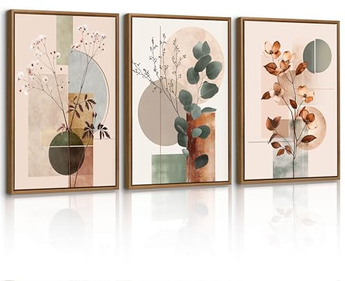 3 Pcs Beige Geometrisch Botanisch Leinwand Bilder mit Rahmen Set, Baumwolle Eukalyptus Blatt Wandbilder Nordisch Pflanzen Blumen Bild Auf Leinwand Poster Deko für Wohnzimmer Schlafzimmer Büro 30X40cm
