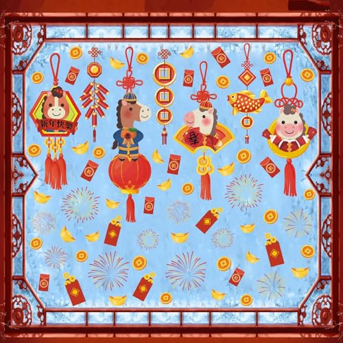 TOARTI Chinesischer Neujahr Fensterdeko 2026 Neujahrsfest des Pferdes Wandaufkleber Jahr der Pferdes Chinese New Year Sticker für Wand Frühlingsfest Dekoration Schaufenster Vitrinen Glas Tür Deko