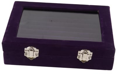 YHZXXNQ Ornamente Beflocktes Holz Schmuckkästchen Glasdeckel 20,5 x 15,5 x 5 cm Aufbewahrungsorganisator für Frauen Ohrring-Ring-Halter Display Vitrine Sichere Schlösser Lila Ornamente
