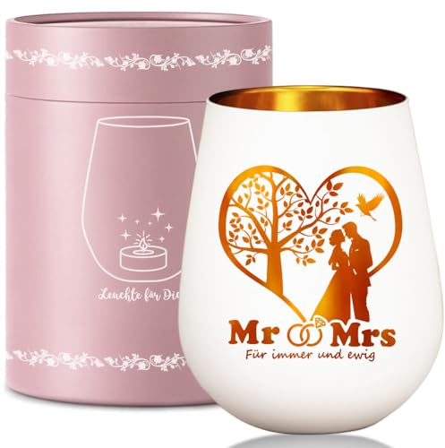 Mr & Mrs Deko Hochzeit Windlicht Glas, Hochzeit Geschenke für Brautpaar, Hochzeitsgeschenk zur Verlobung Valentinstag Hochzeitstag, Teelichthalter mit Gravur Spruch: Für Immer und ewig