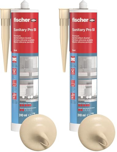 Fischer Sanitärsilikon DSSA BG, Silikon zum Abdichten & Verfugen im Sanitär- und Küchenbereich, Kartusche für zahlreiche Anwendungen und Baustoffe, 310 ml, beige, Bahama-beige (Packung mit 2)