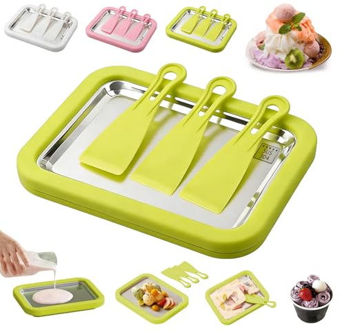 Stainless Steel Ice Cream Roller Maker, At-Home Rolled Ice Cream Maker Kit Includes 3 Spatulas, DIY Fun Family Activity Instant Rolled Ice Cream Maker for Sorbet, Frozen Yogurt, Gelato (Green)
