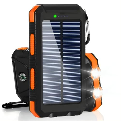 Batterie Solaire Portable d'urgence avec Panneau Solaire, Lampe de Poche SOS, Antichoc, Entrée Type-C et USB, Boussole, pour Camping et Randonnée