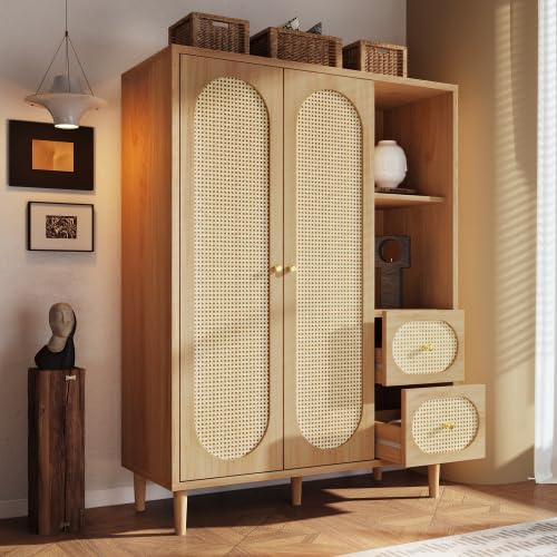 Mrwoo Kleiderschrank aus Rattan, Offen Kommode mit 2 Türen & 2 Schubladen, Holz Kleiderschrank Garderobenschrank mit Offene Regale, Viel Stauraum, für Schlafzimmer und Flur, 161x120x44 cm (Oak- A)