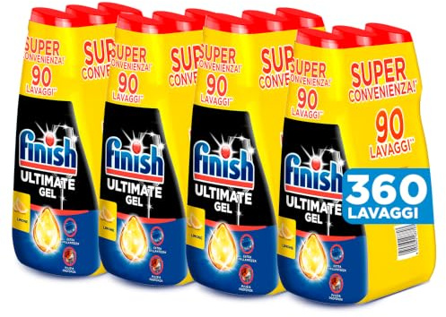 Finish Ultimate Gel, 4 confezioni di Tripacco Gel Detersivo Lavastoviglie, 360 lavaggi, 540 ml, Limone, Extra Potere Sgrassante, Extra Brillantezza, Pulizia Profonda