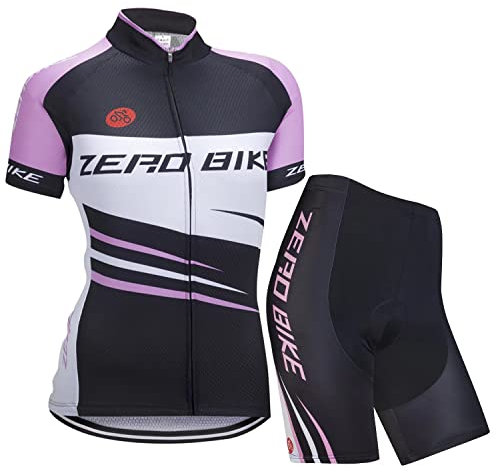 ZEROBIKE Damen Atmungsaktiv Schnelltrocknend Fahrradtrikot Set, Outdoor Kurzarm Radsport-Shirt + 3D Gel Gepolsterte Kurze Hose Fahrradhose, M, Schwarz Gestreift mit Rosa