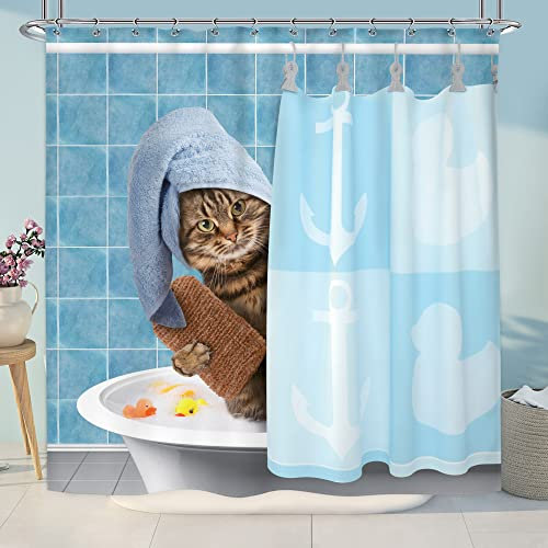 cdcurtain Katze Baden Duschvorhang Kostenlose metall Stoff Haken 12-packs gelb Ente Kopf verpackt Badetuch blau decor Stoff-Set Polyester 182,9 x 182,9 cm