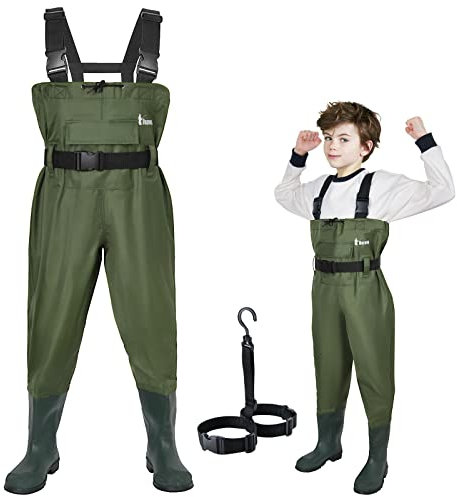 Ouzong Kids Chest Waders for Toddler Children Waterproof Youth Fishing Waders for Boys Girls Neoprene Hunting Waders with Insulated Boots(Green,6-7T)