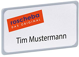 10 x XXL (Magnet-) Namensschilder (Marke: roscheba®), 80 x 45 mm, Made in Germany, aus Kunststoff, mit Super-Power-Magnet 4.0 (grau) - Staffelpreise - Namensschilder inkl. Papiereinlagen
