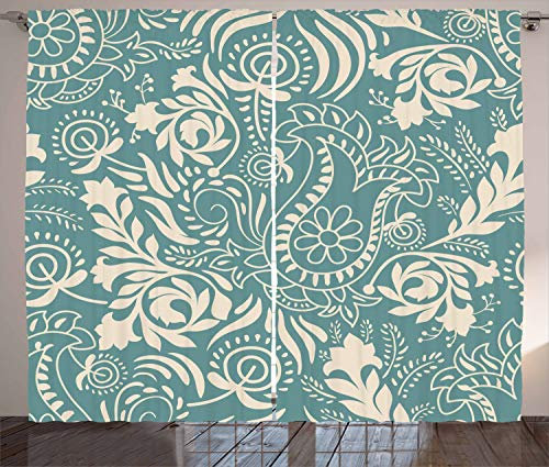 ABAKUHAUS Blumen Rustikaler Gardine, Ethnisches Marrakesch Paisley, Schlafzimmer Kräuselband Vorhang mit Schlaufen und Haken, 280 x 245 cm, Beige und Teal