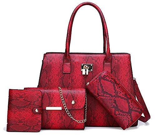 Coolives Damen Set Handtaschen mit 4 Stück Schlangenhaut Muster Henkeltasche Schlangenhaut Schultertasche Umhängetasche Cultch Brieftasche Kartenhalter Rot EINWEG