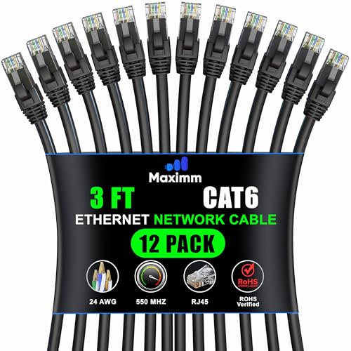 Maximm Cat6 Ethernet Cable 3ft, CCA Ethernet Cable, UTP, LAN Cable, Network Cable, Ethernet Cord with RJ45 Connectors, Supports Cat6/ Cat5e/ Cat5, Black (12 Pack, 3 Feet)