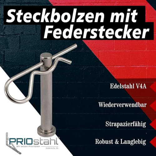 PRIOstahl Steckbolzen mit Federstecker Sicherungsbolzen Splinte - 1 Steckbolzen: 6 x 44 mm + 1 Federstecker: 2,0 x 49 mm zur Befestigung und Sicherung Sicherungselement Rostfrei aus Edelstahl V2A