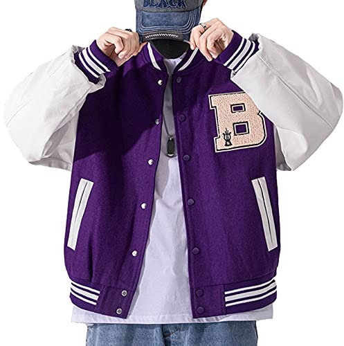Moshtashio Giacca Uomo da Baseball Varsity Jacket Vintage Cappotto Unisex Lettera Felpa Motociclista Giubbotto da Coppia (Viola, S)